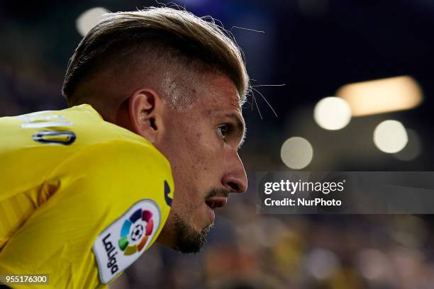 Samuel Castillejo of Villarreal CF looks on during the La Liga game between Villarreal CF and Valencia CF at Estadio de la Ceramica on May 5, 2018 in...