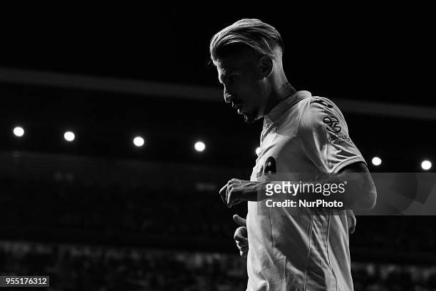 The image has been converted to black and white) Samuel Castillejo of Villarreal CF looks on during the La Liga game between Villarreal CF and...