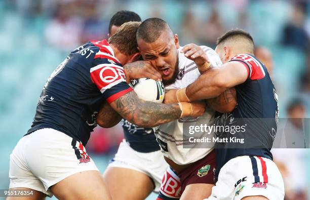 Addin Fonua-Blake of the Sea Eagles is tackled during the round nine NRL match between the Sydney Roosters and the Manly Warringah Sea Eagles at...