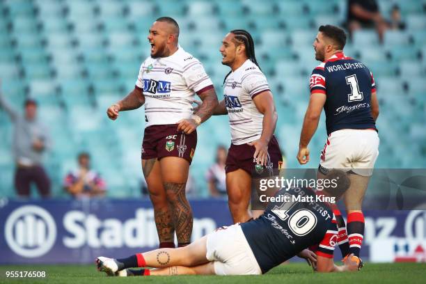 Addin Fonua-Blake of the Sea Eagles celebrates scoring a try during the round nine NRL match between the Sydney Roosters and the Manly Warringah Sea...