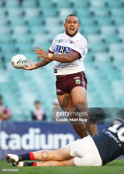 Addin Fonua-Blake of the Sea Eagles celebrates scoring a try during the round nine NRL match between the Sydney Roosters and the Manly Warringah Sea...