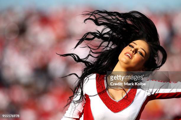 Dragon cheerleader dances during the round nine NRL match between the St George Illawarra Dragons and the Melbourne Storm at UOW Jubilee Oval on May...