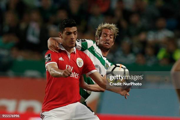 Benfica's forward Raul Jimenez vies for the ball with Sporting's defender Fabio Coentrao during the Portuguese League football match between Sporting...