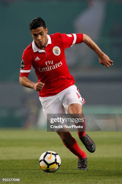 Benfica's forward Raul Jimenez in action during the Portuguese League football match between Sporting CP and and SL Benfica at Alvalade Stadium in...