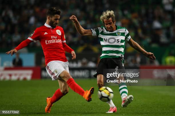 Sporting's defender Fabio Coentrao vies with Benfica's midfielder Rafa Silva during the Portuguese League football match between Sporting CP and SL...