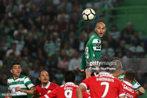 Sporting's forward Bas Dost from Holland heads the ball during the Primeira Liga football match Sporting CP vs SL Benfica at the Alvadade stadium in...