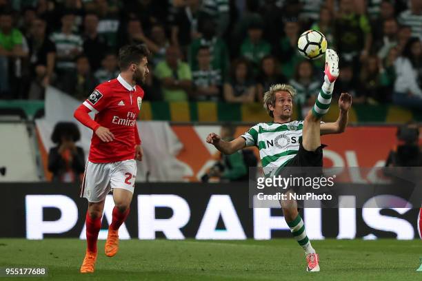 Sporting's defender Fabio Coentrao from Portugal vies with Benfica's Portuguese midfielder Rafa Silva during the Primeira Liga football match...