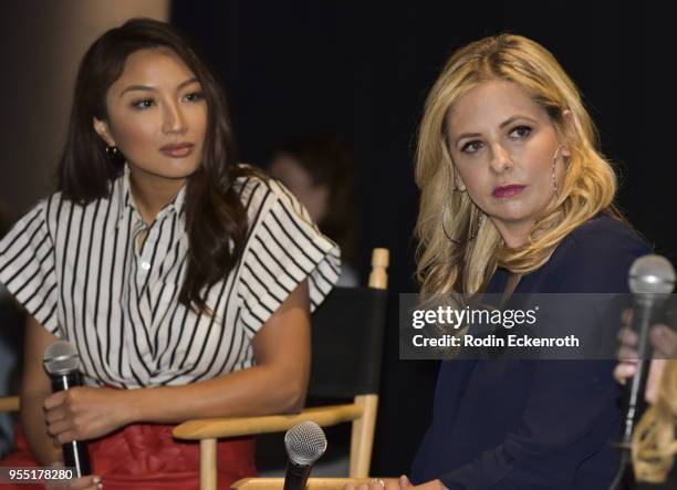 Jeannie Mai and Sarah Michelle Gellar speak on stage at The United State of Women Summit 2018 - Day 1 on May 5, 2018 in Los Angeles, California.