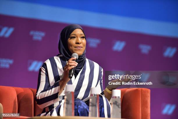 American saber fencer Ibtihaj Muhammad speaks on stage at The United State of Women Summit 2018 - Day 1 on May 5, 2018 in Los Angeles, California.
