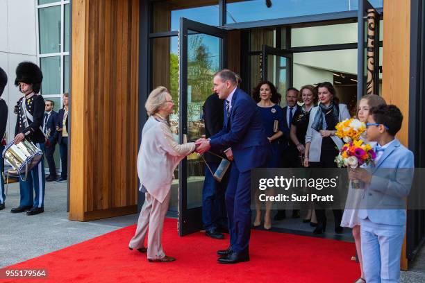 Nordic Museum Board President Irma Goertzen shakes hands with the President of Iceland Gudni Th. Johannesson as Crown Princess Mary of Denmark,...