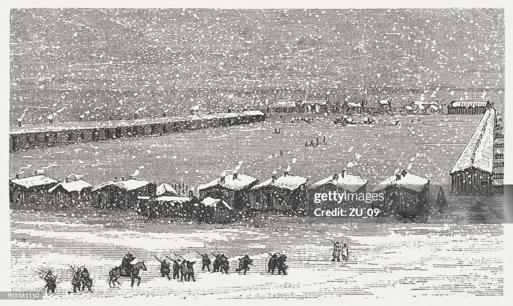 Invierno de miles de los cuartos en el congelado río de lengua (Montana), 1876/77