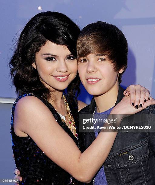 Singers Selena Gomez and Justin Bieber attend Dick Clark's New Year's Rockin' Eve With Ryan Seacrest 2010 at Aria Resort & Casino at the City Center...
