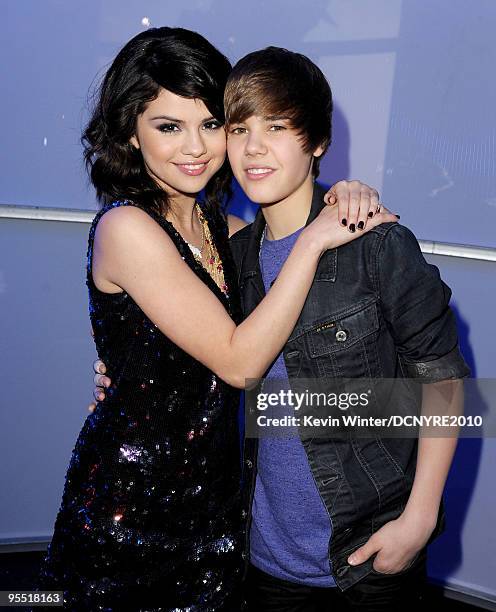 Singers Selena Gomez and Justin Bieber attend Dick Clark's New Year's Rockin' Eve With Ryan Seacrest 2010 at Aria Resort & Casino at the City Center...