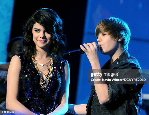 Singers Selena Gomez and Justin Bieber perform during Dick Clark's New Year's Rockin' Eve With Ryan Seacrest 2010 at Aria Resort & Casino at the City...