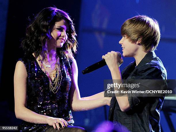 Singers Selena Gomez and Justin Bieber perform during Dick Clark's New Year's Rockin' Eve With Ryan Seacrest 2010 at Aria Resort & Casino at the City...