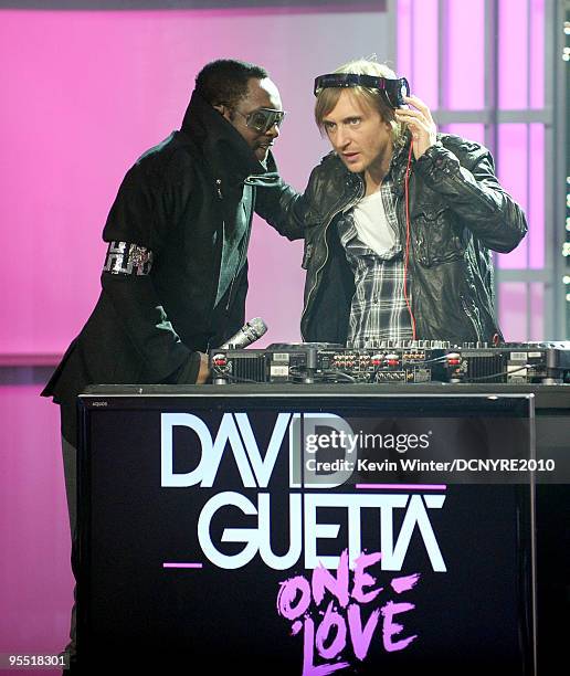 David Guetta and will.i.am perform onstage during Dick Clark's New Year's Rockin' Eve With Ryan Seacrest 2010 at Aria Resort & Casino at the City...