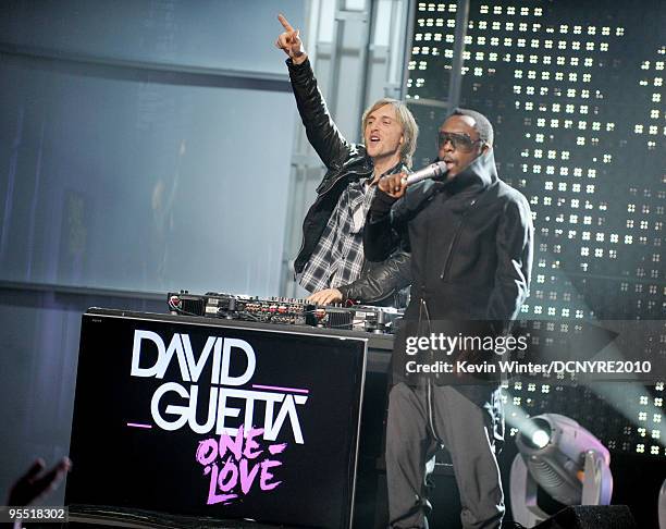 David Guetta and will.i.am perform onstage during Dick Clark's New Year's Rockin' Eve With Ryan Seacrest 2010 at Aria Resort & Casino at the City...