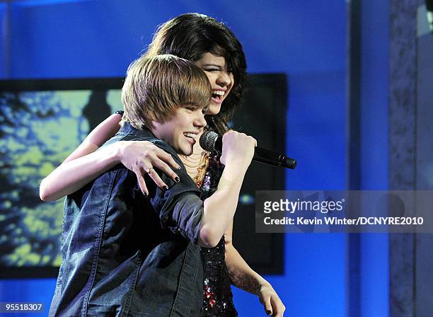 Singers Justin Bieber and Selena Gomez perform during Dick Clark's New Year's Rockin' Eve With Ryan Seacrest 2010 at Aria Resort & Casino at the City...