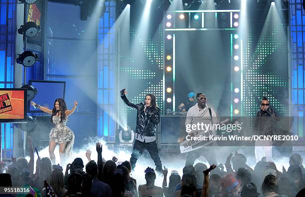 Recording artists Fergie, Taboo, will.i.am and apl.de.ap of the Black Eyed Peas perform onstage during Dick Clark's New Year's Rockin' Eve With Ryan...