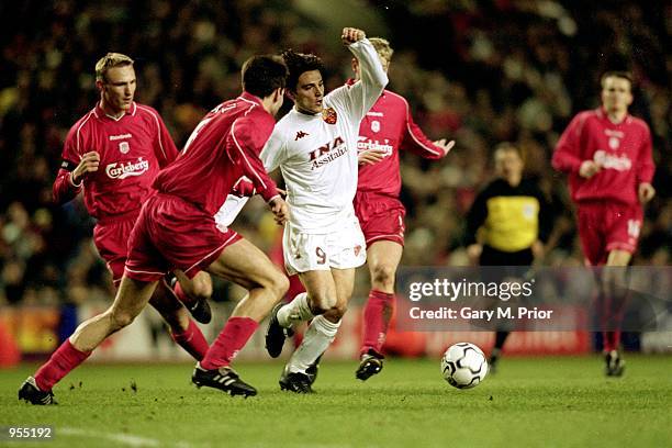 Vincenzo Montella of AS Roma tries to take on the defence all on his own during the UEFA Cup fourth round second leg match against Liverpool played...