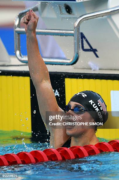 Ariana Kukors celebrates after winning gold and beating a world record during the women's 200m individual medley final on July 27, 2009 at the FINA...