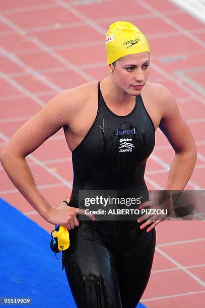 Australian Stephanie Rice reacts after the women's 200m individual medley final on July 27, 2009 at the FINA World Swimming Championships in Rome.US...