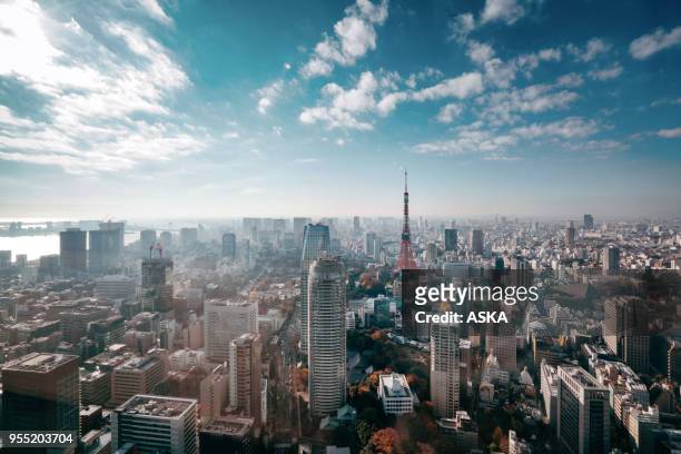 de skyline van tokyo, japan - stadsdeel stockfoto's en -beelden