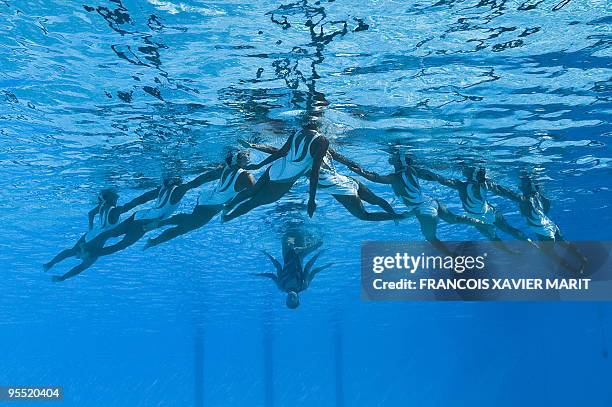 This underwater image shows the Chinese team competing in the Synchronised Free combination preliminaries on July 21, 2009 at the FINA World Swimming...