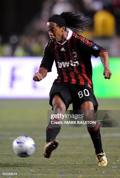 Ronaldinho from AC Milan controls the ball against the Los Angeles Galaxy during their friendly match at the Home Depot Stadium in Los Angeles on...