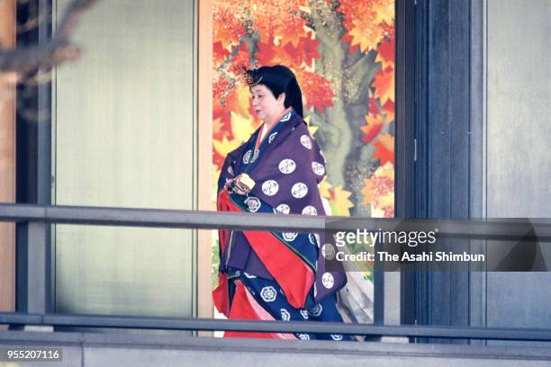 Princess Kikuko of Takamatsu leaves after the 'Seiden-no-Gi' during the 'Sokui-no-Rei', Emperor's Enthronement Ceremony at the Imperial Palace on...