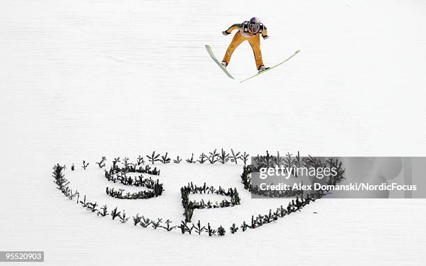 Gregor Schlierenzauer of Austria competes during the FIS Ski Jumping World Cup event of the 58th Four Hills Ski Jumping tournament at the...