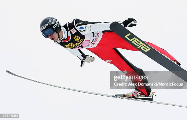 Robert Kranjec of Slovenia competes during the FIS Ski Jumping World Cup event of the 58th Four Hills Ski Jumping tournament at the Olympiaschanze on...
