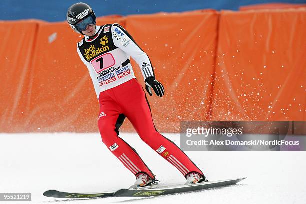 Robert Kranjec of Slovenia competes during the FIS Ski Jumping World Cup event of the 58th Four Hills Ski Jumping tournament at the Olympiaschanze on...