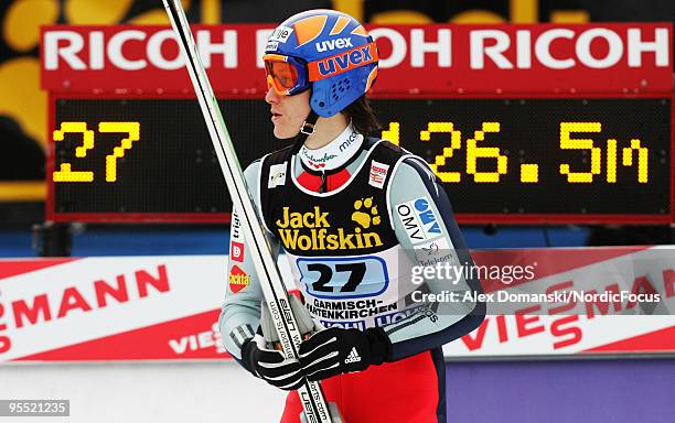 Peter Prevc of Slovenia competes during the FIS Ski Jumping World Cup event of the 58th Four Hills Ski Jumping tournament at the Olympiaschanze on...