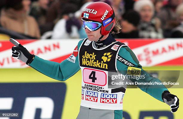 Janne Ahonen of Finland competes during the FIS Ski Jumping World Cup event of the 58th Four Hills Ski Jumping tournament at the Olympiaschanze on...