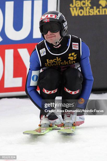 Anders Jacobsen of Norway reacts after the final jump during the FIS Ski Jumping World Cup event of the 58th Four Hills Ski Jumping tournament at the...