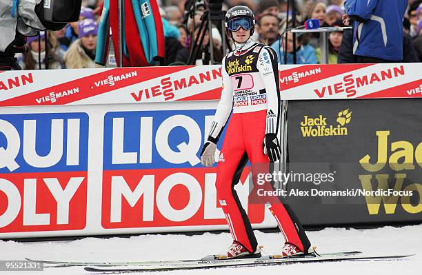 Robert Kranjec of Slovenia competes during the FIS Ski Jumping World Cup event of the 58th Four Hills Ski Jumping tournament at the Olympiaschanze on...