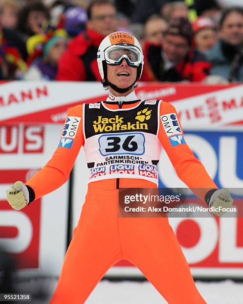 Stefan Thurnbichler of Austria reacts after the final jump during the FIS Ski Jumping World Cup event of the 58th Four Hills Ski Jumping tournament...