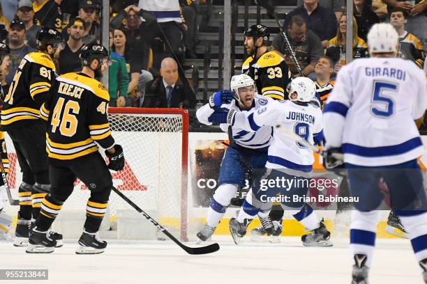 Brayden Point of the Tampa Bay Lightning scores against the Boston Bruins in Game Four of the Eastern Conference Second Round during the 2018 NHL...