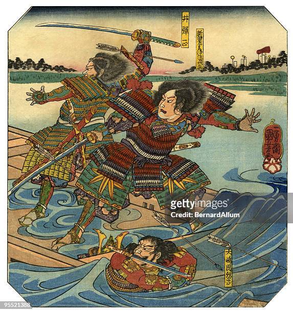 japanische holzschnitt-of warriors - samurai stock-grafiken, -clipart, -cartoons und -symbole