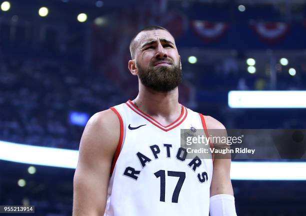 Jonas Valanciunas of the Toronto Raptors reacts after fouling J.R. Smith of the Cleveland Cavaliers in the first half of Game Two of the Eastern...