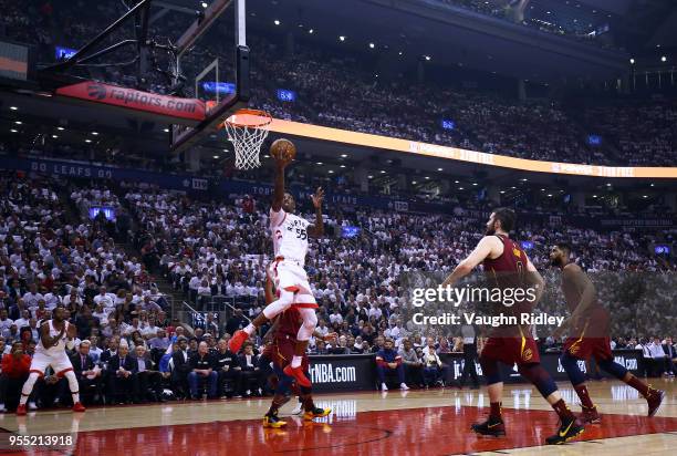 Delon Wright of the Toronto Raptors shoots the ball as George Hill of the Cleveland Cavaliers defends in the first half of Game Two of the Eastern...