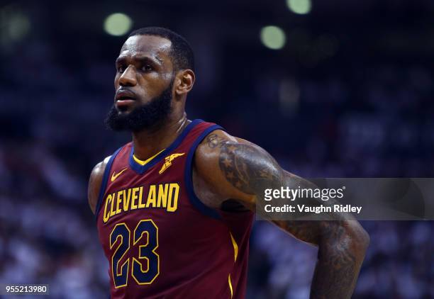 LeBron James of the Cleveland Cavaliers looks on in the first half of Game Two of the Eastern Conference Semifinals against the Toronto Raptors...