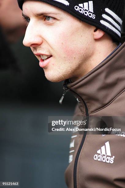 Simon Ammann of Switzerland looks on during the FIS Ski Jumping World Cup event of the 58th Four Hills Ski Jumping tournament at the Olympiaschanze...