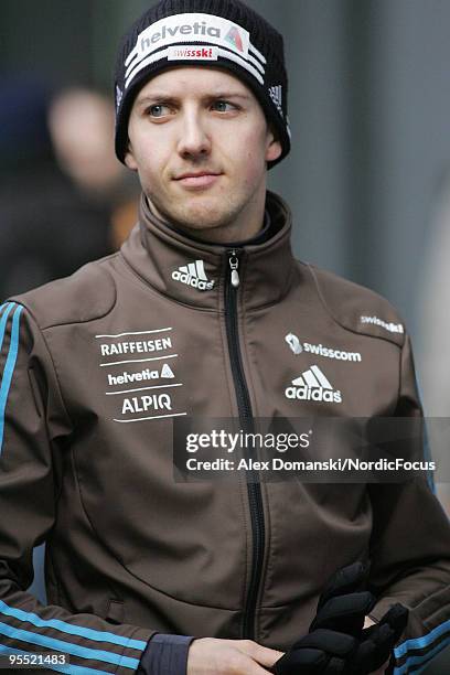 Simon Ammann of Switzerland looks on during the FIS Ski Jumping World Cup event of the 58th Four Hills Ski Jumping tournament at the Olympiaschanze...