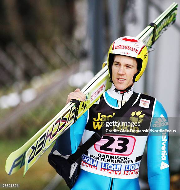 Andreas Kuettel of Switzerland looks on during the FIS Ski Jumping World Cup event of the 58th Four Hills Ski Jumping tournament at the...