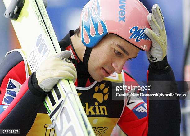 Andreas Kofler of Austria looks on during the FIS Ski Jumping World Cup event of the 58th Four Hills Ski Jumping tournament at the Olympiaschanze on...