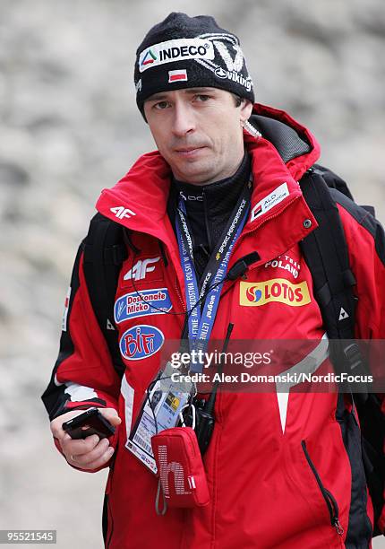 Head coach Lukasz Kruczek of Poland looks on during the FIS Ski Jumping World Cup event of the 58th Four Hills Ski Jumping tournament at the...