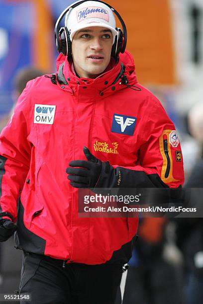Andreas Kofler of Austria looks on during the FIS Ski Jumping World Cup event of the 58th Four Hills Ski Jumping tournament at the Olympiaschanze on...