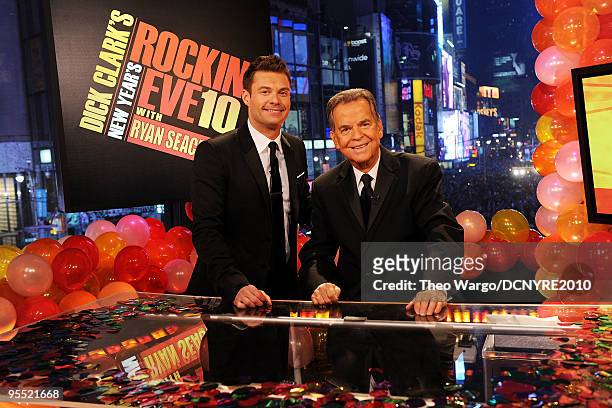 Hosts Ryan Seacrest and Dick Clark celebrate the new year during Dick Clark's New Year's Rockin' Eve With Ryan Seacrest 2010 in Times Square on...